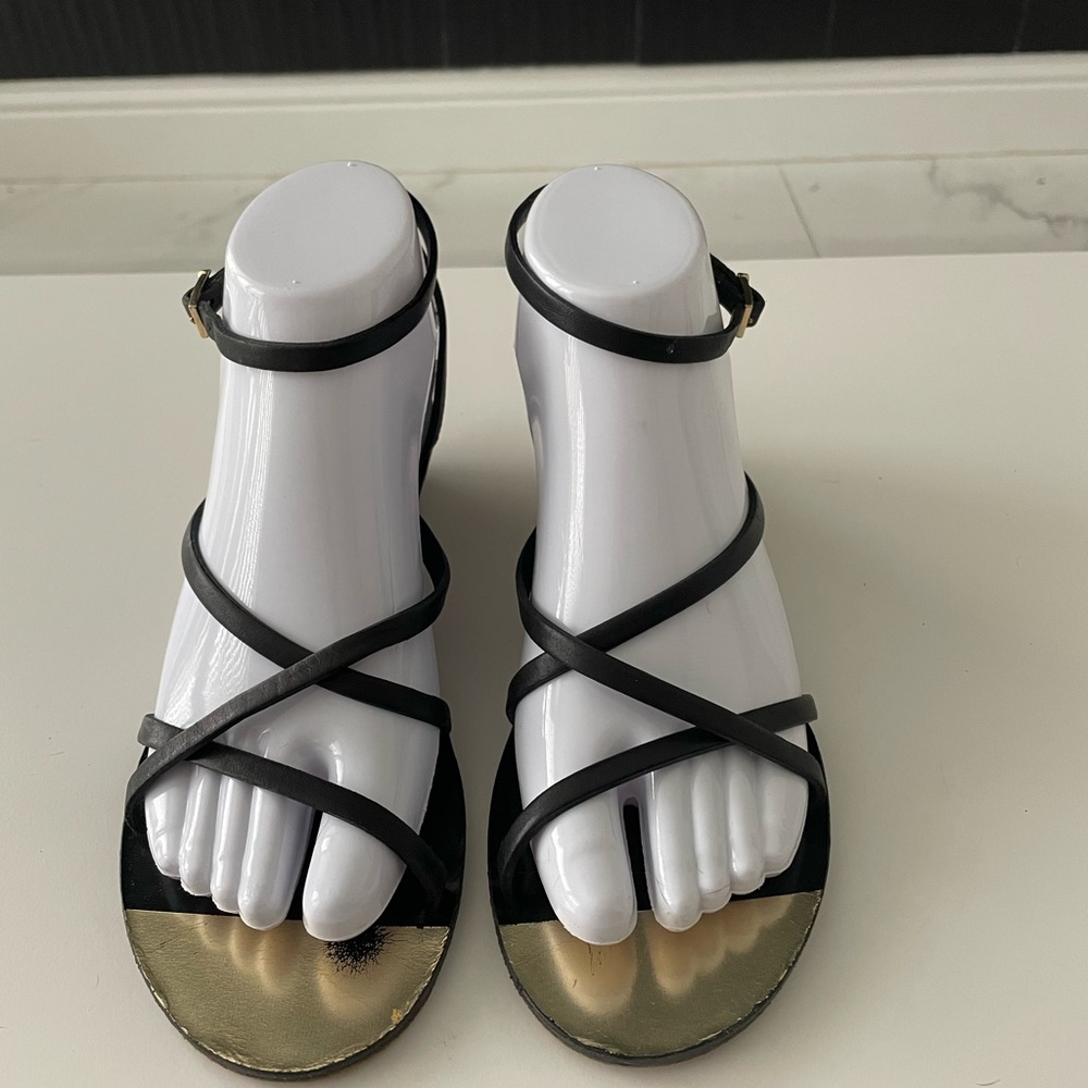 CHANEL BLACK LEATHER ANKLE STRAP SANDALS EU SIZE 37 US SIZE 7